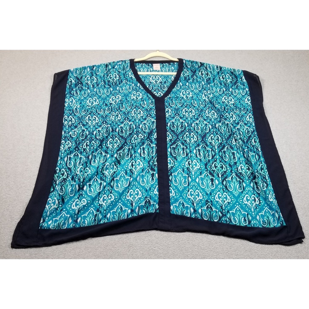 Merona‎ Poncho Top Womens L Large Blue iKat Damask  V-Neck Sheer Kaftan Blouse